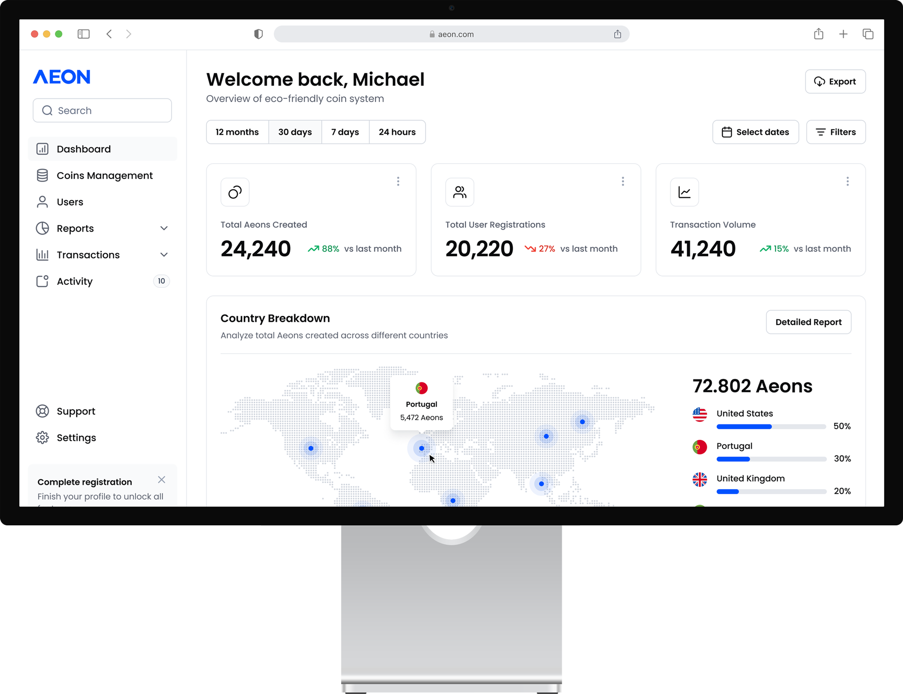 Mockup of a computer monitor displaying the admin dashboard for the management system, showcasing various data analytics and control features